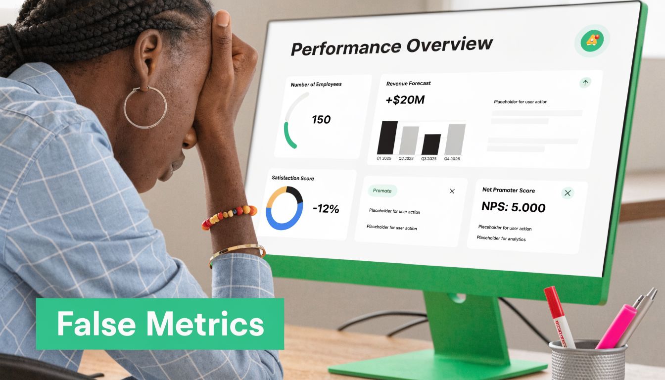 A person looking frustrated at a computer screen displaying a dashboard with inaccurate business performance metrics.
