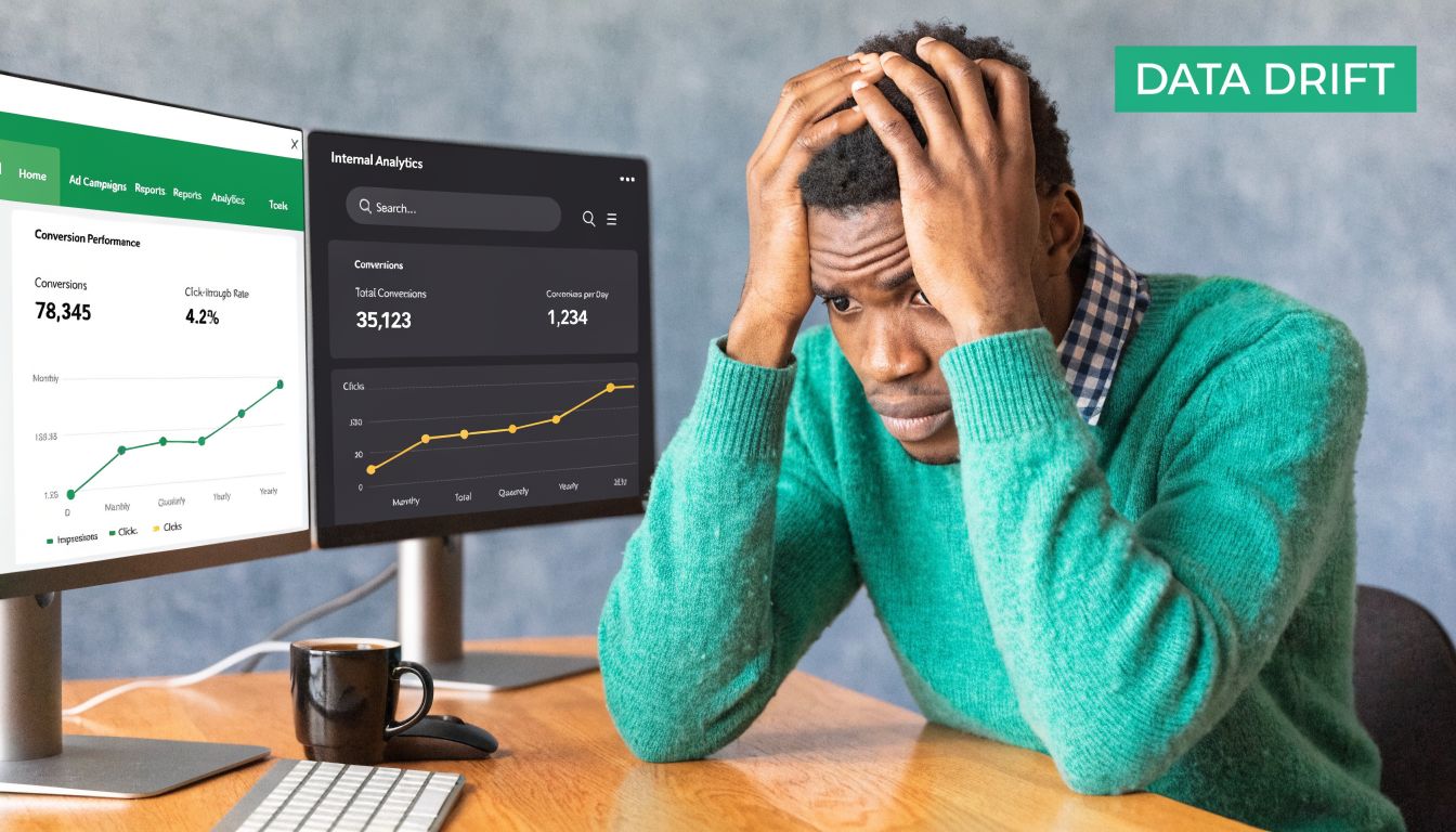 A frustrated man sits at a desk with two computer screens displaying analytics data and charts.