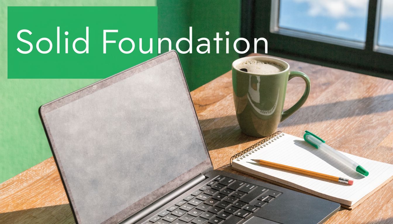 A modern laptop, a notebook with a pencil, and a coffee mug on a wooden desk.