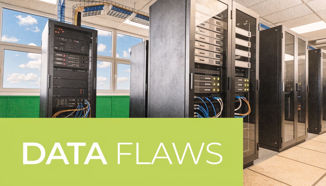 A professional server room with multiple black data racks containing networking equipment and blue ethernet cables.