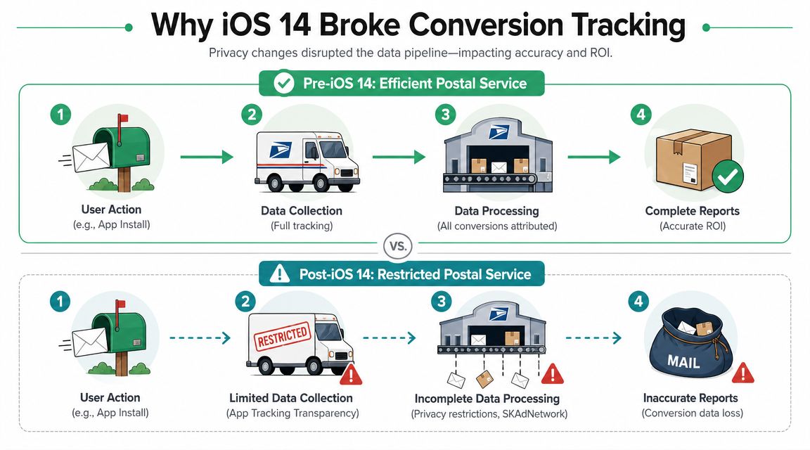 A diagram comparing data tracking workflows before and after the iOS 14 privacy update impact.