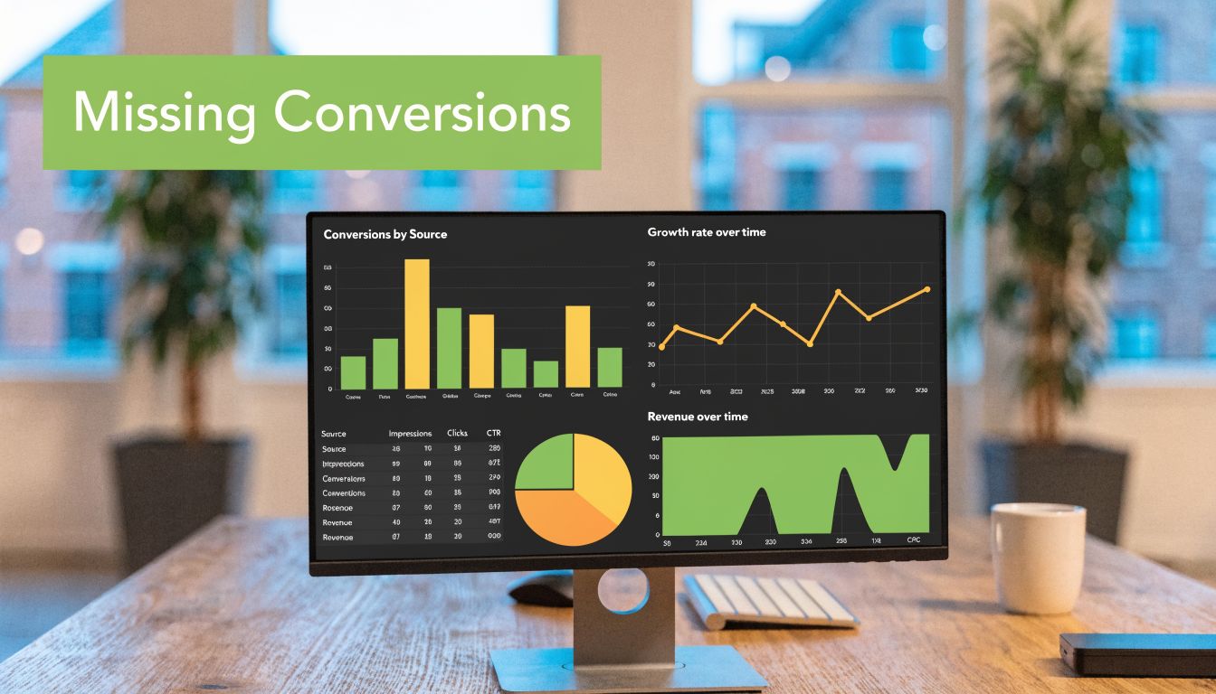A computer screen showing a dashboard with data visualization charts representing website conversion metrics in an office.