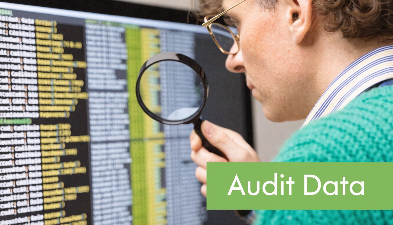A person wearing glasses uses a magnifying glass to closely examine complex data displayed on a screen.