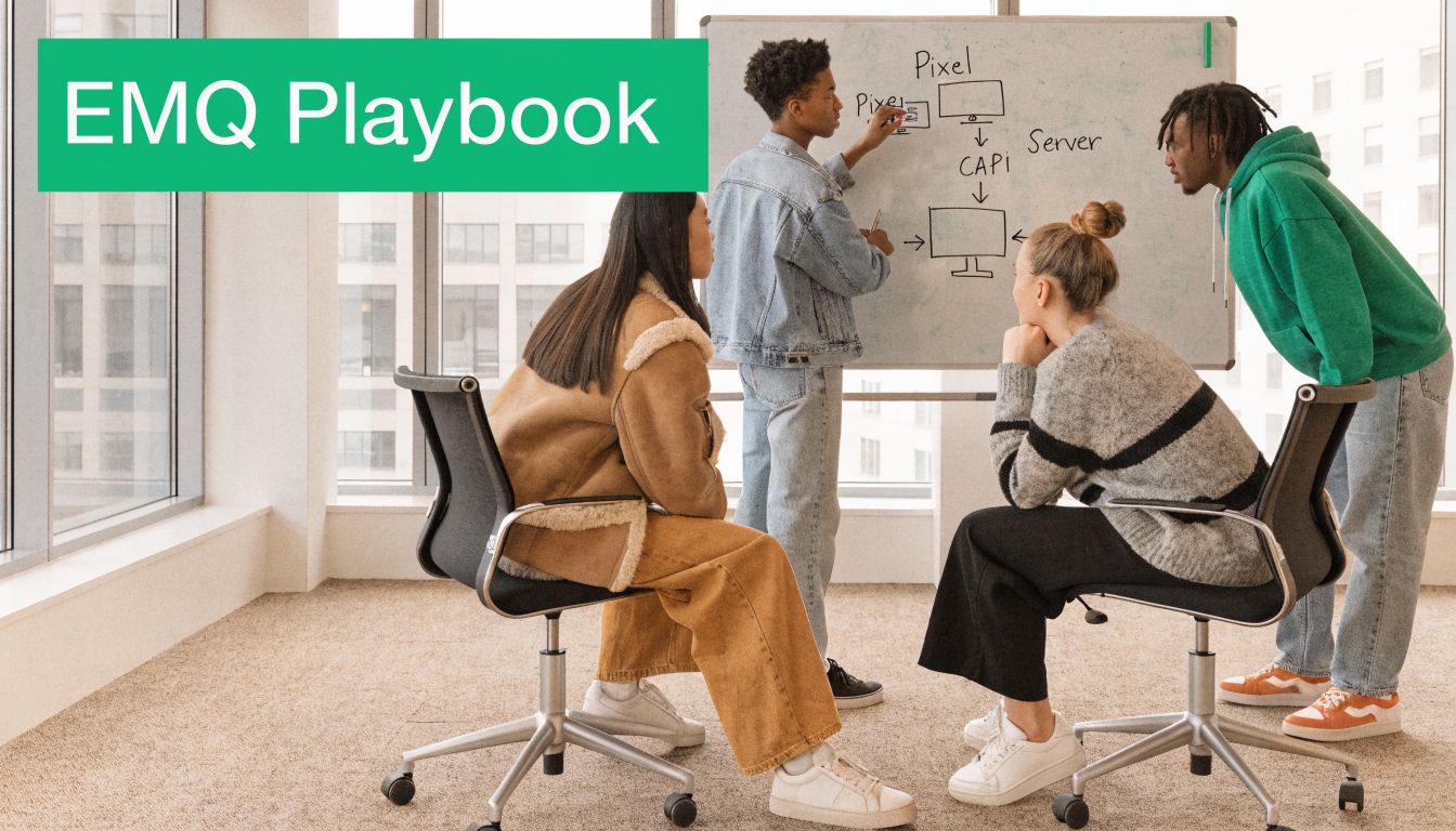 A diverse group of professional colleagues collaborating in a bright office brainstorming EMQ marketing strategies together.