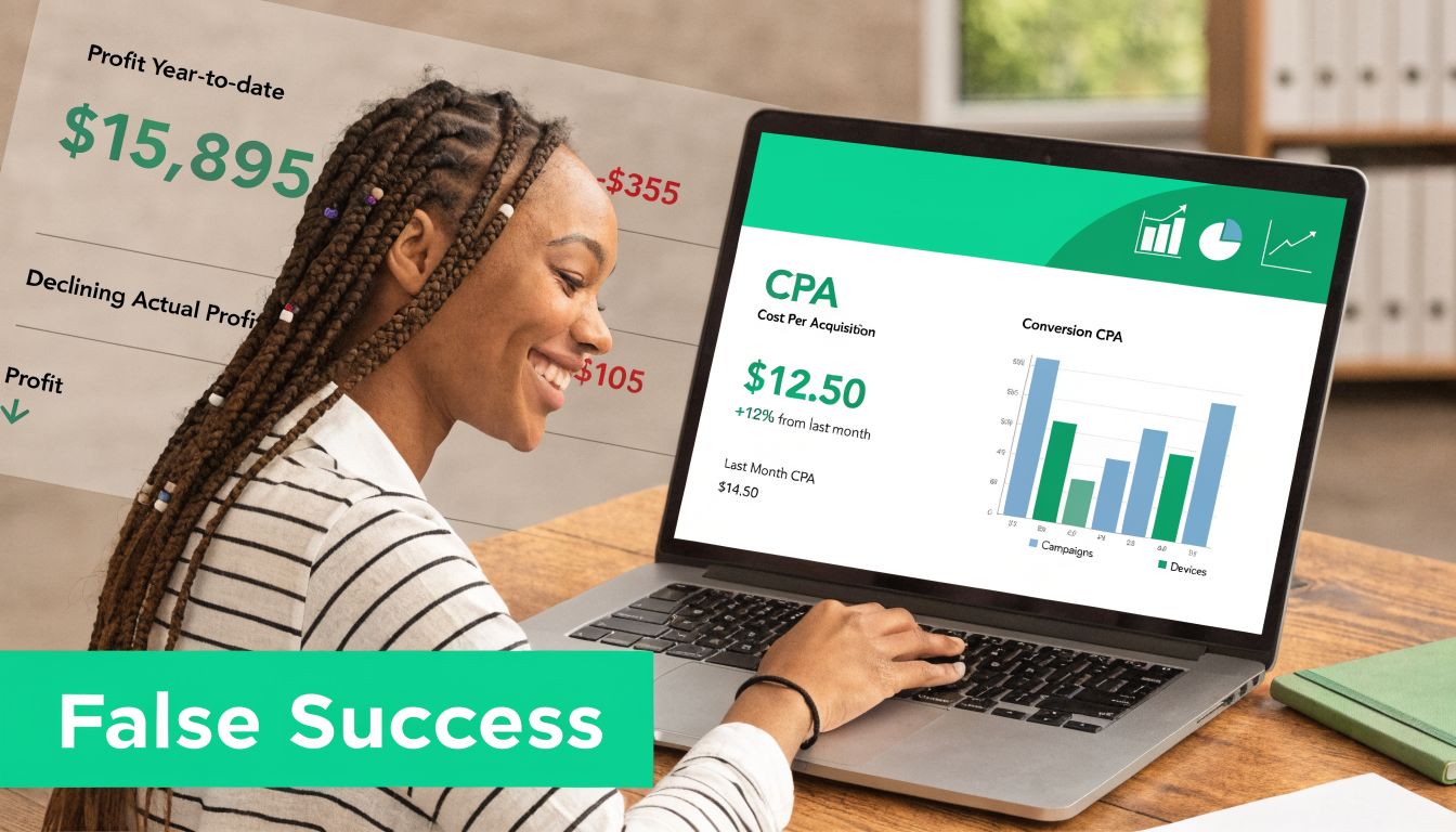 A woman reviewing marketing CPA data on a laptop screen with overlays highlighting business profit concerns.