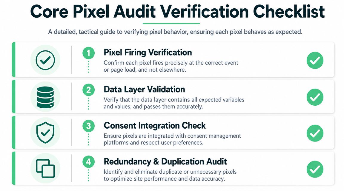 A checklist graphic titled Core Pixel Audit Verification Checklist outlining four essential steps for verifying website pixel behaviors.