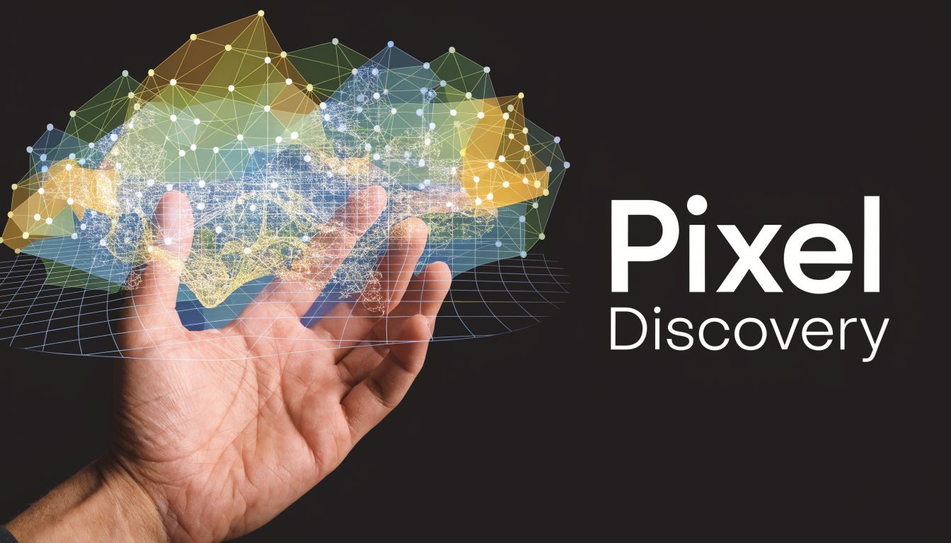 A hand holding a digital holographic mesh network visualization representing data discovery and modern technology solutions.
