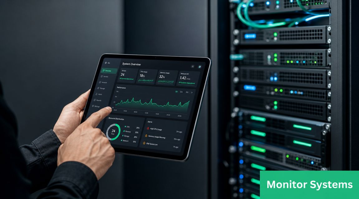 A technician using a tablet to monitor server performance metrics in a professional data center environment.