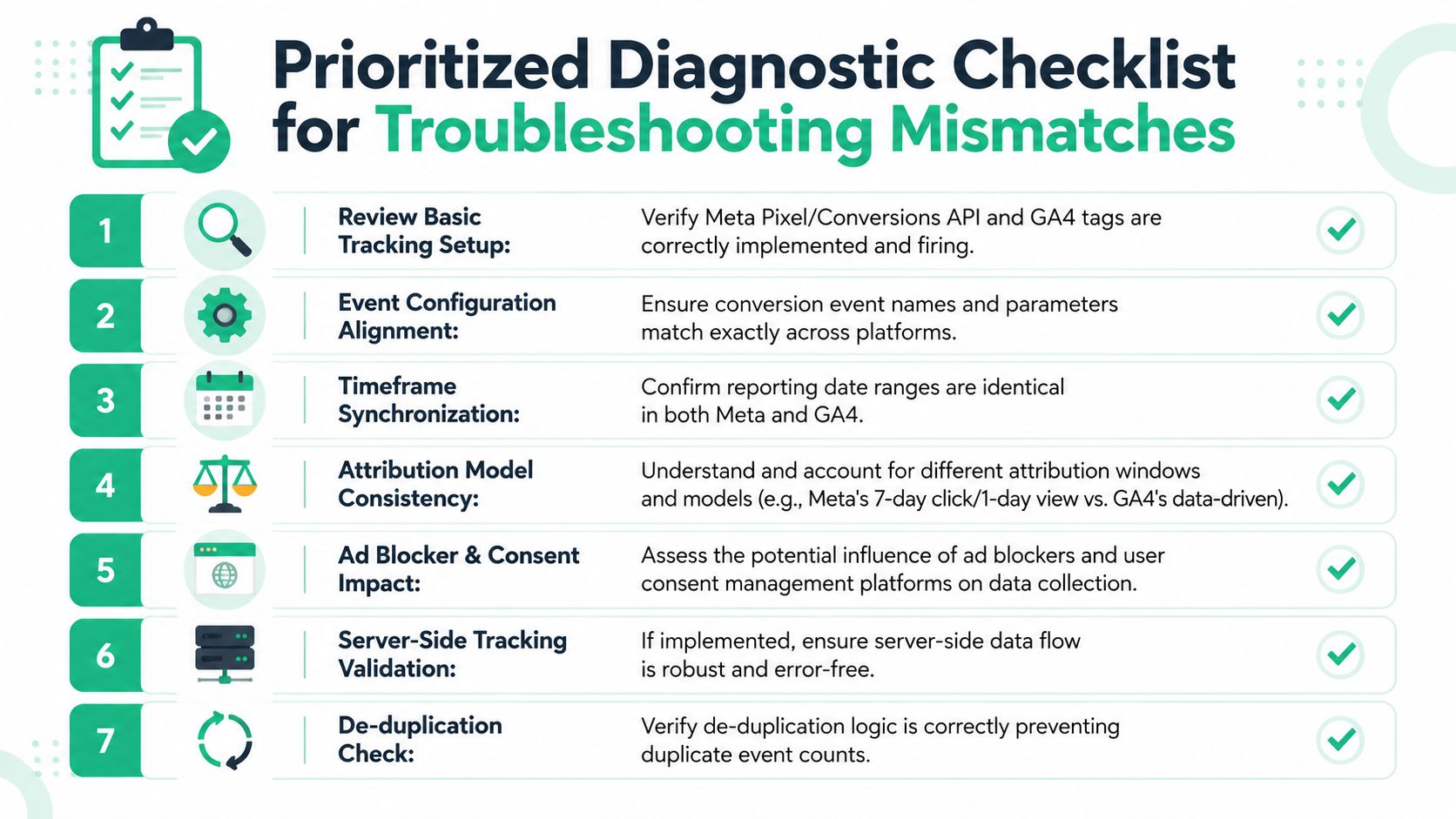 A prioritized seven-step diagnostic checklist for troubleshooting data conversion mismatches between Meta Ads and Google Analytics.
