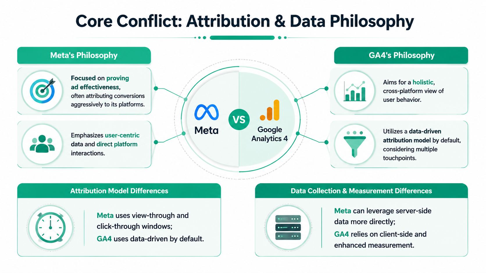A comparison chart showing the core differences between Meta's ad attribution philosophy and Google Analytics 4.