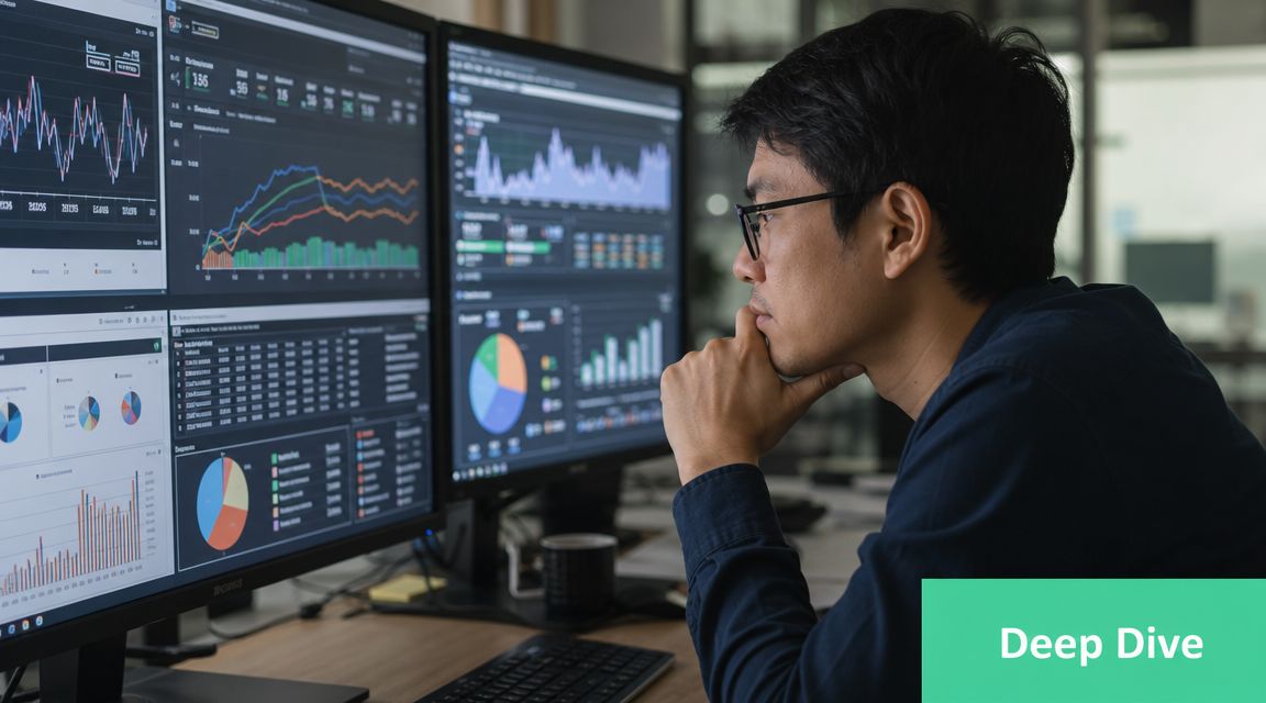 A professional analyzing complex data charts and financial metrics on multiple computer monitors in an office.
