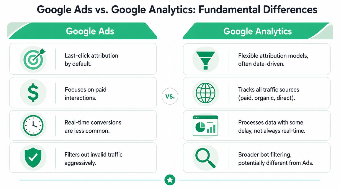 A comparison chart highlighting the fundamental differences between Google Ads and Google Analytics platforms.