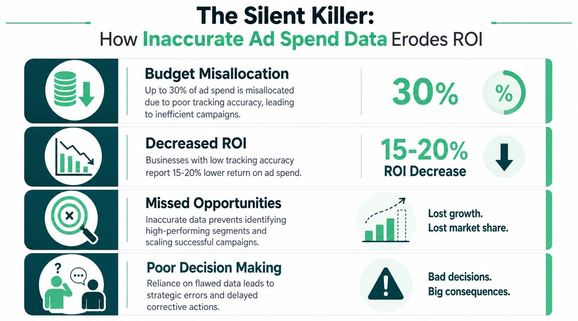 An infographic titled The Silent Killer showing how inaccurate ad spend data erodes ROI for businesses.