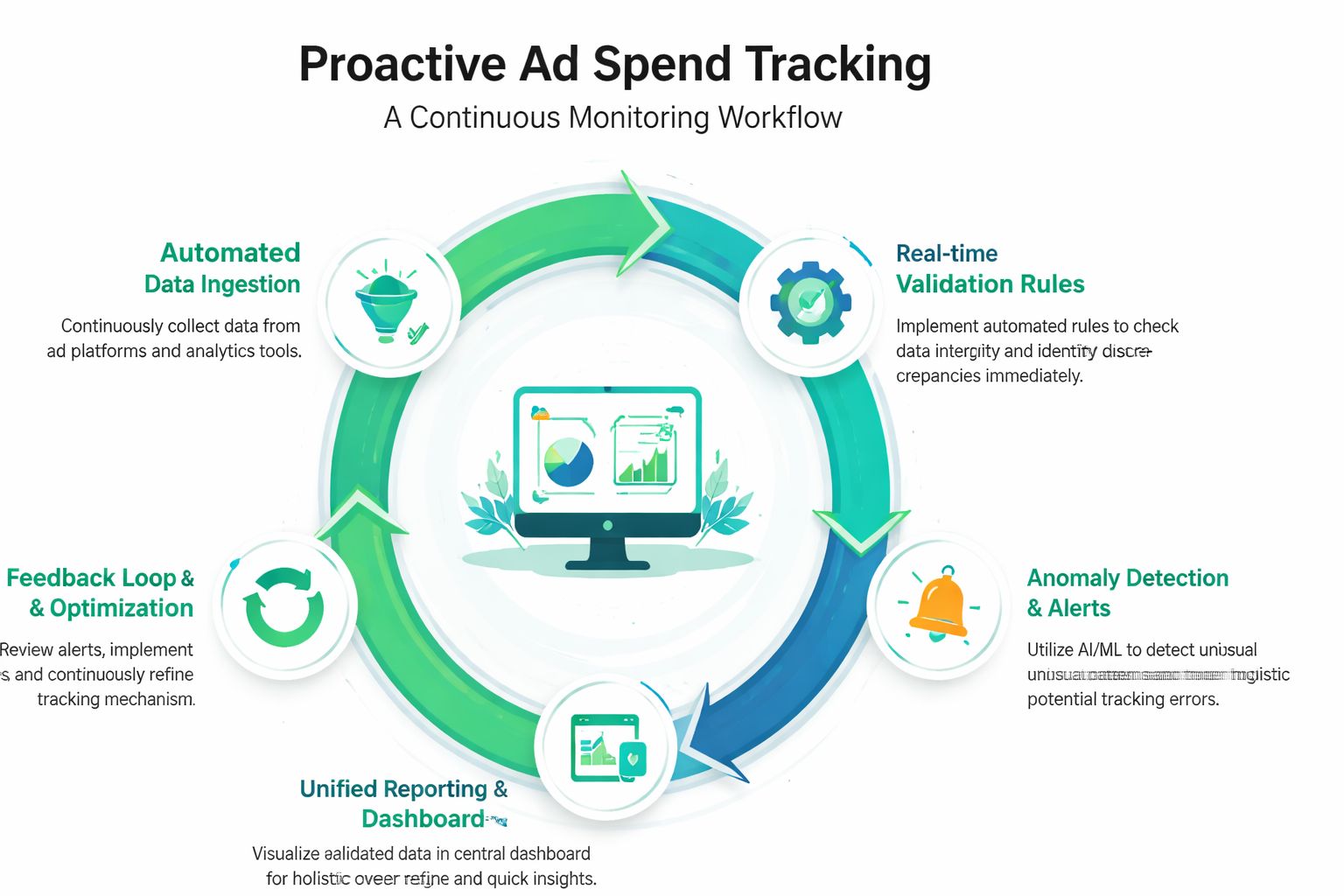A circular infographic illustrating a proactive five-step workflow for accurate ad spend tracking and data monitoring.