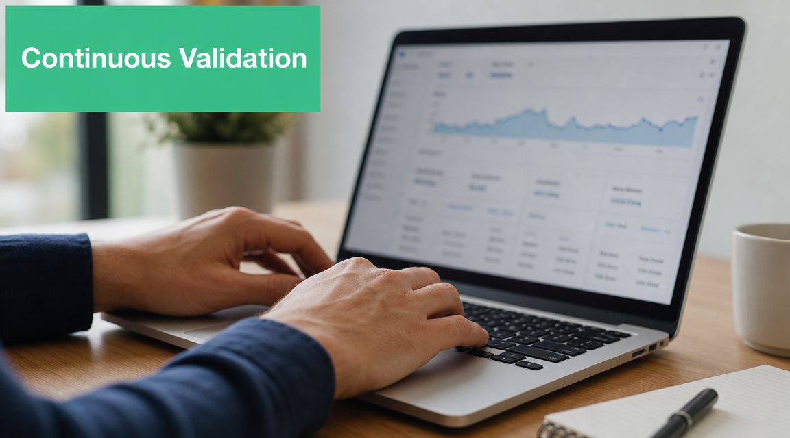 A person working on a laptop displaying business analytics charts with Continuous Validation text overlay.