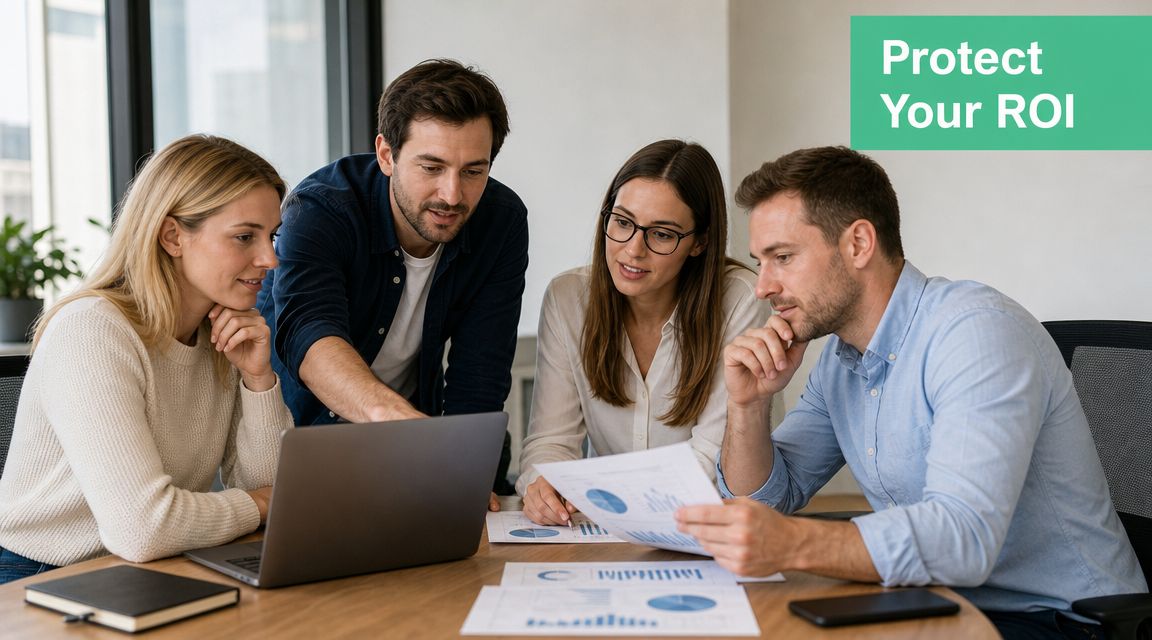 A professional team of four colleagues analyzing financial charts and marketing data during an office meeting.