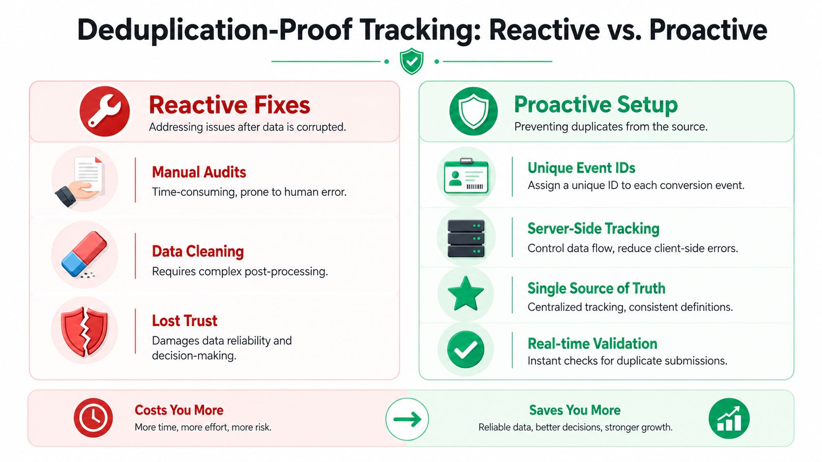 A comparison chart highlighting the differences between reactive data fixes and proactive deduplication-proof conversion tracking methods.