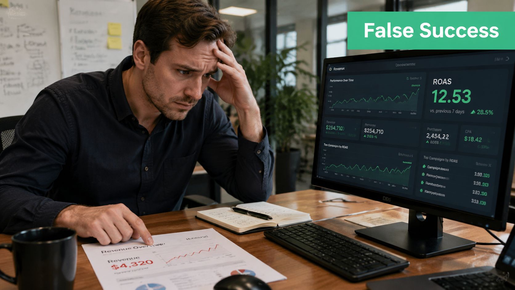 A stressed businessman analyzing conflicting revenue and ROAS data metrics on his computer screen and paper report.