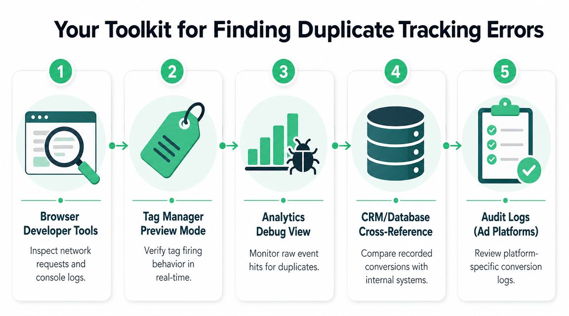 A five-step guide showing tools for identifying and fixing duplicate tracking errors in digital marketing.