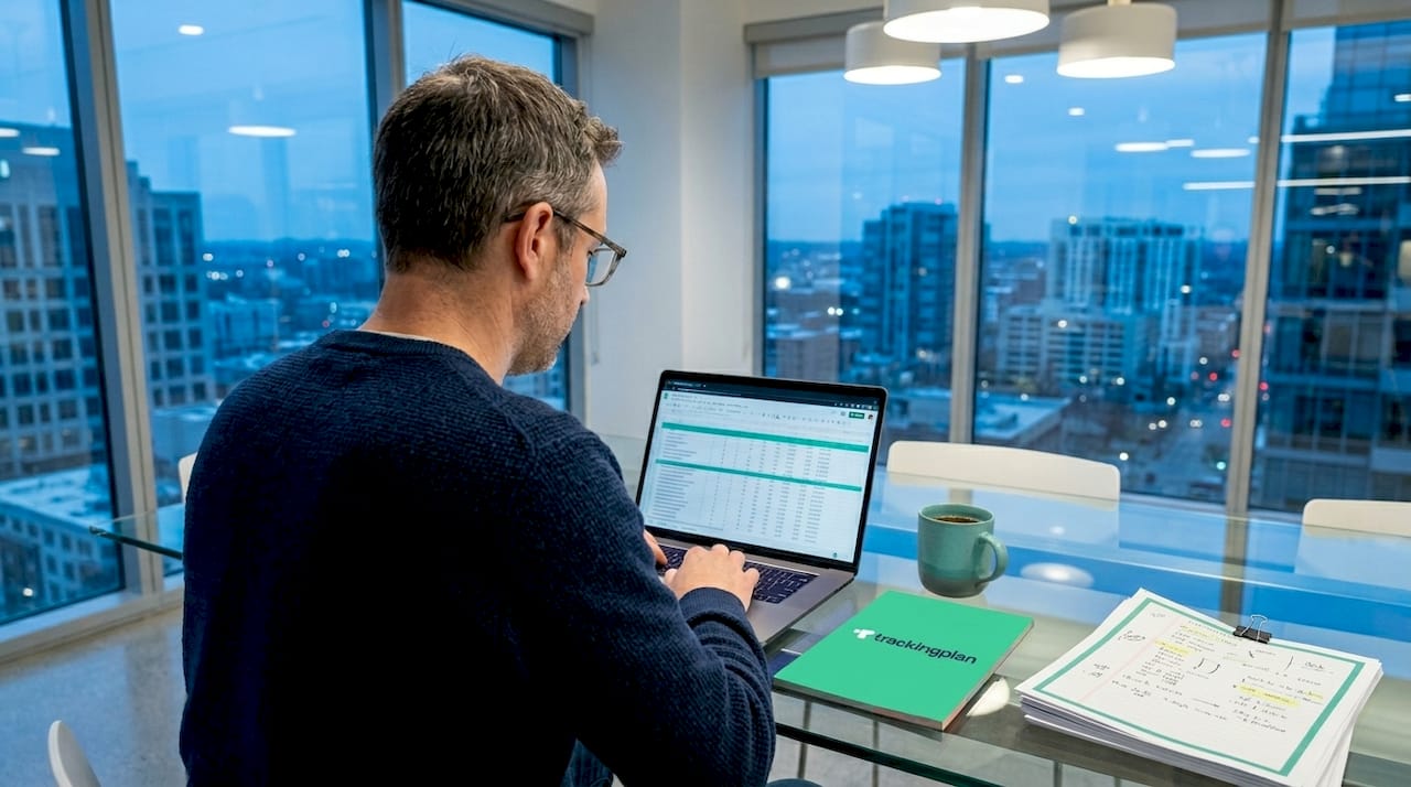 Analyst reviewing spreadsheet at kitchen table