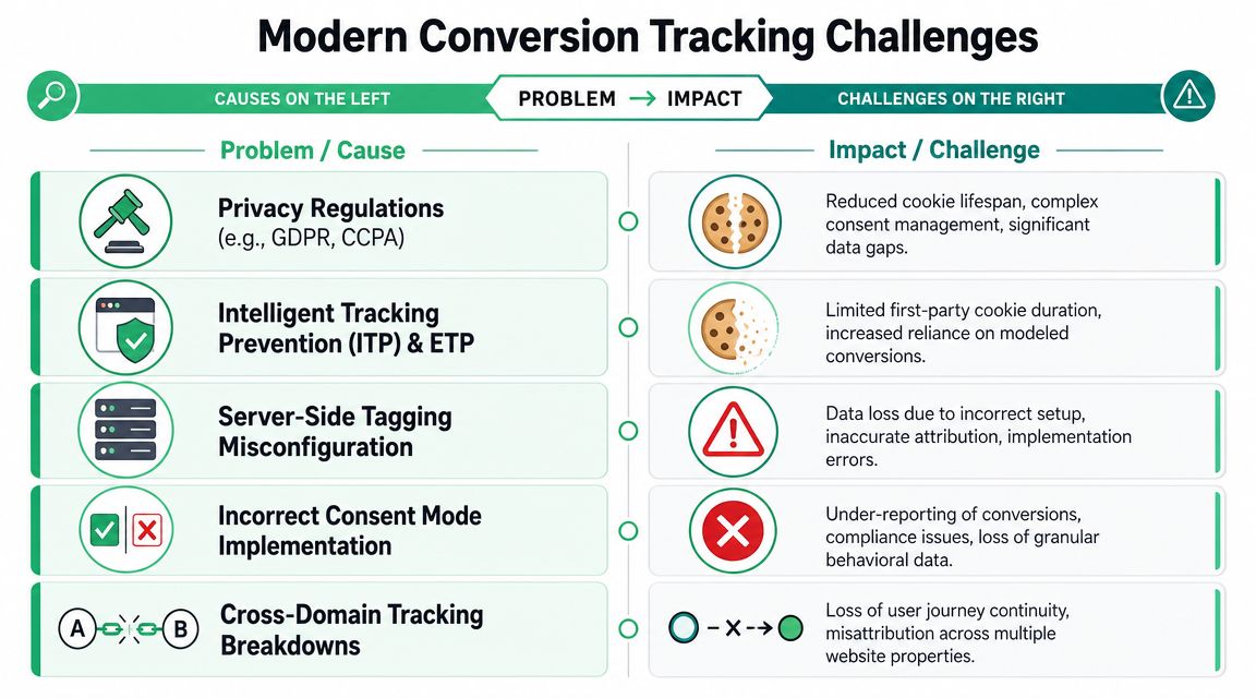 A chart illustrating five key challenges in modern conversion tracking, including privacy regulations and technical misconfigurations.
