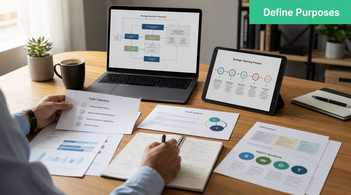 A professional workspace featuring a laptop, tablet, and documents displaying business strategy and project planning charts.