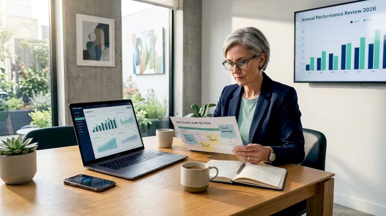 Executive reading printed analytics report in office