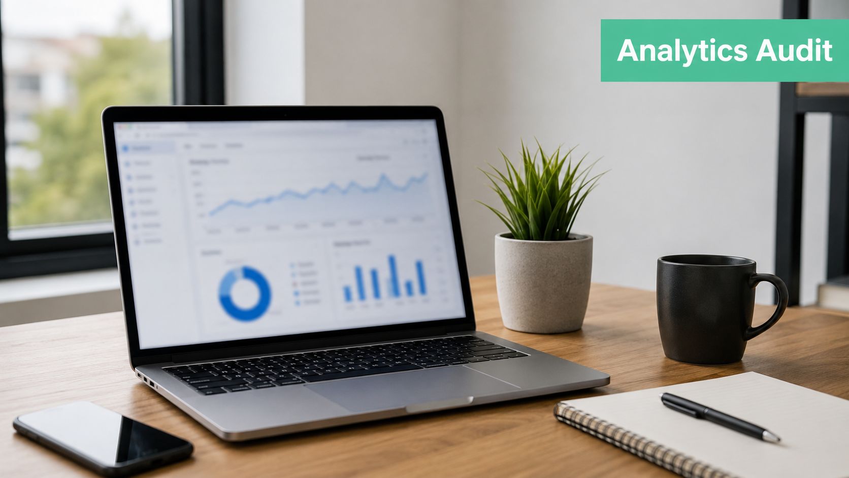 A modern workspace with a laptop displaying business analytics charts, a notebook, and a small potted plant.
