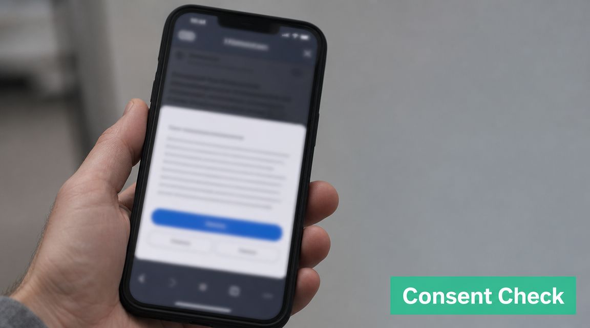 A close-up of a person holding a smartphone displaying a digital consent or permission questionnaire prompt.
