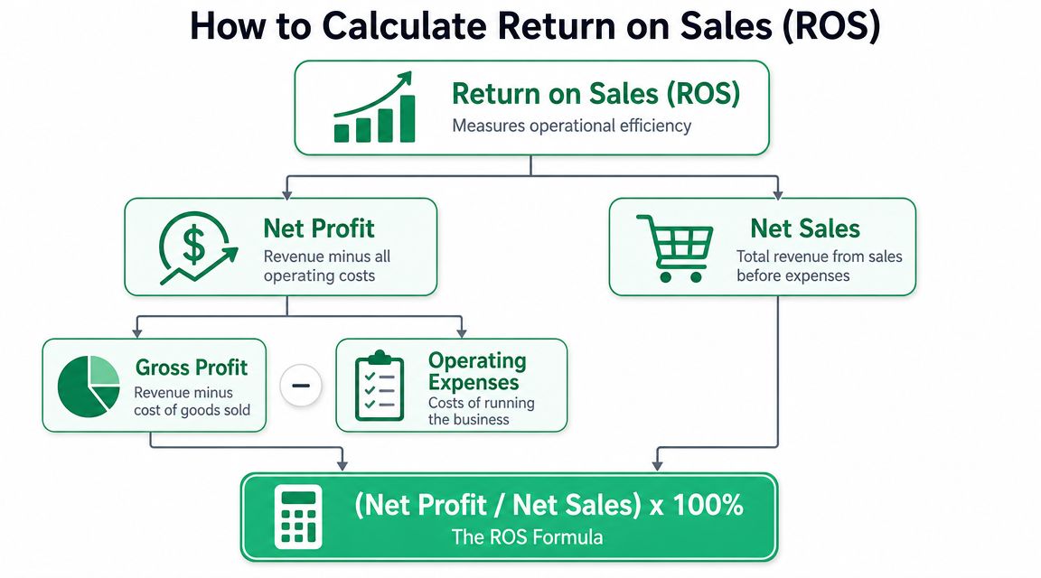 An infographic diagram illustrating the formula and components for calculating Return on Sales for businesses.