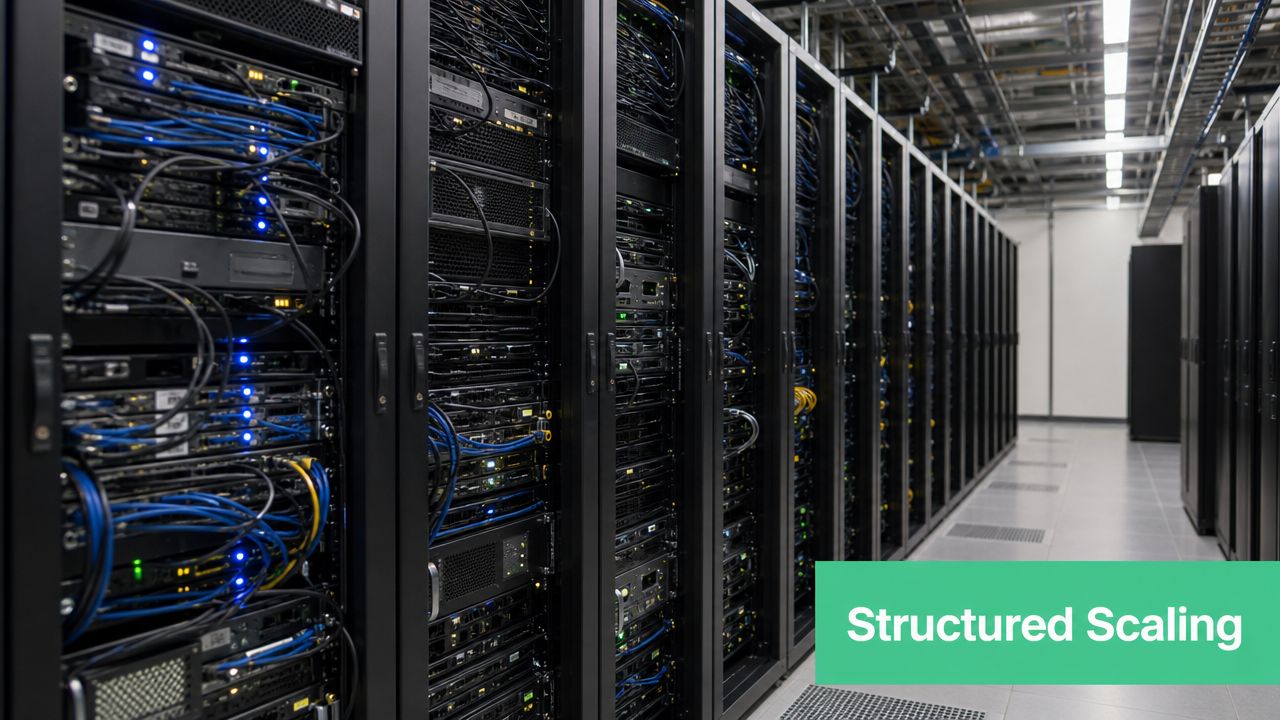 A row of black server racks in a modern data center with blue networking cables.