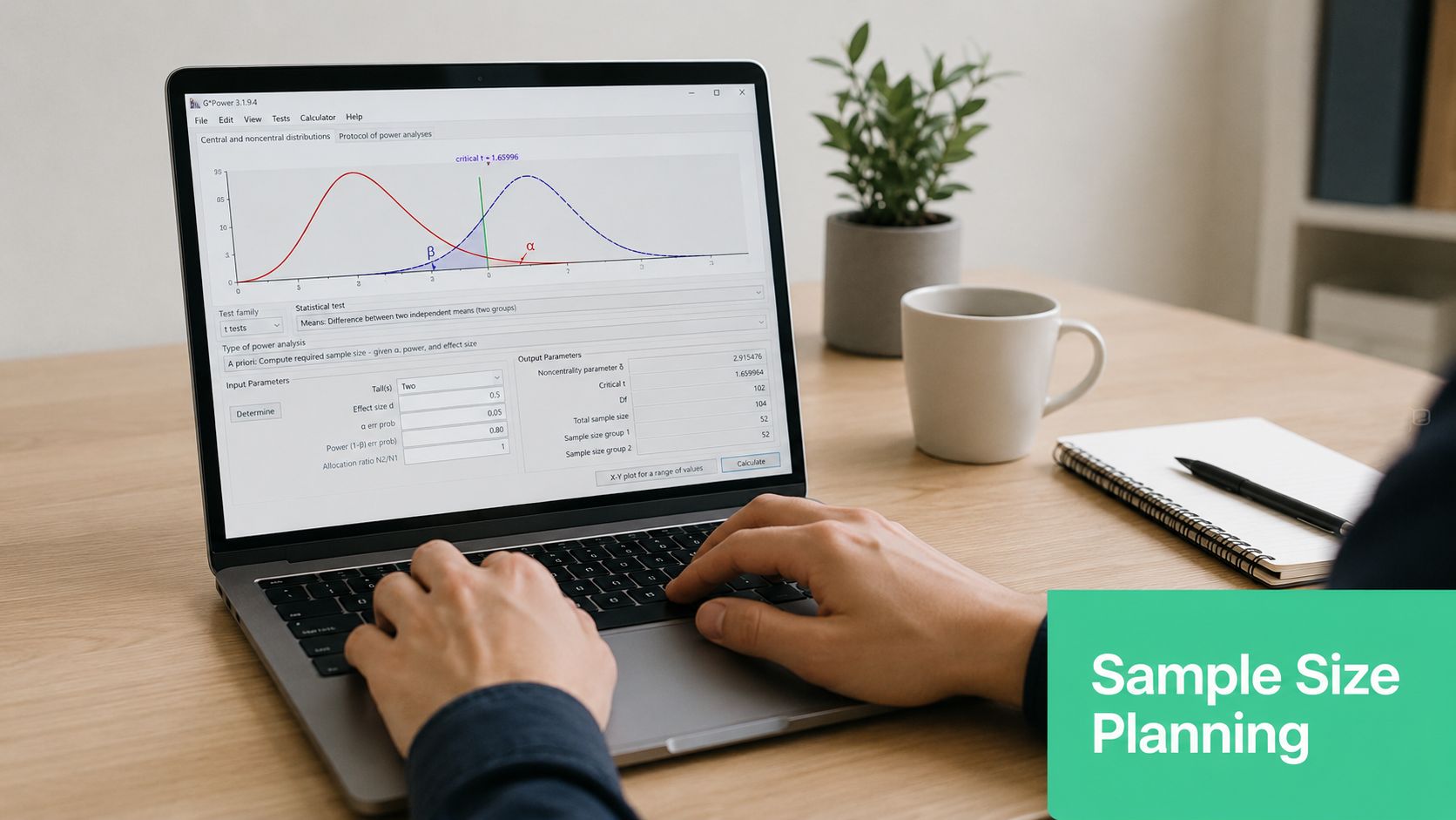 A person using G*Power software on a laptop to calculate sample size for a statistical study.