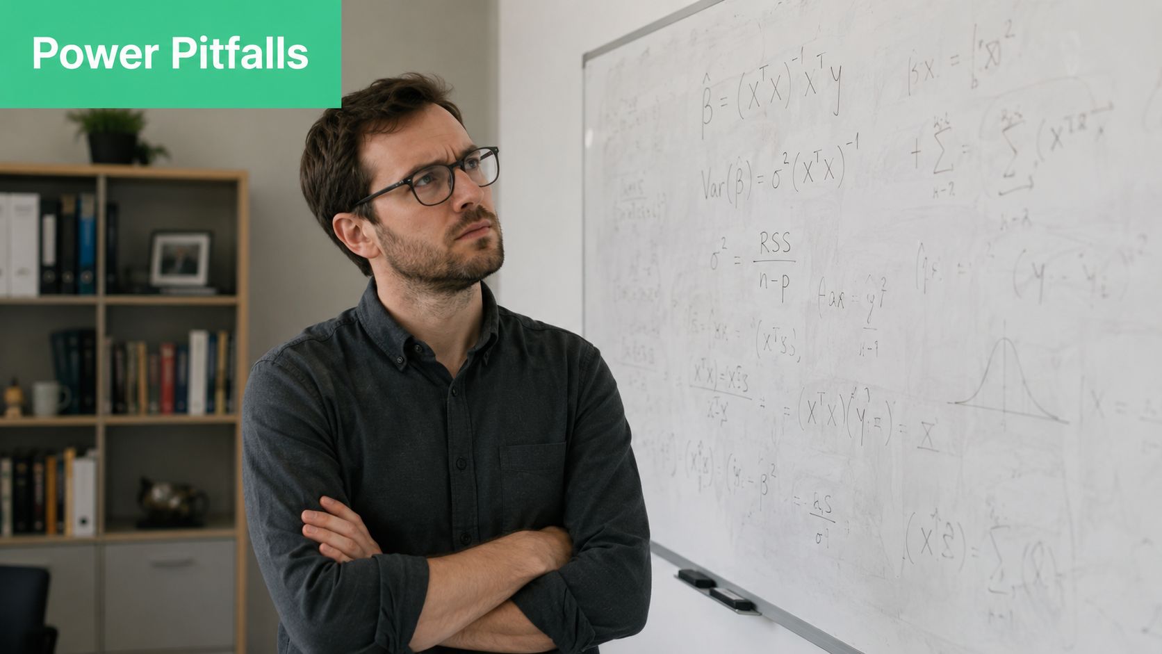 A focused man standing with crossed arms while looking at complex statistical formulas on a whiteboard.