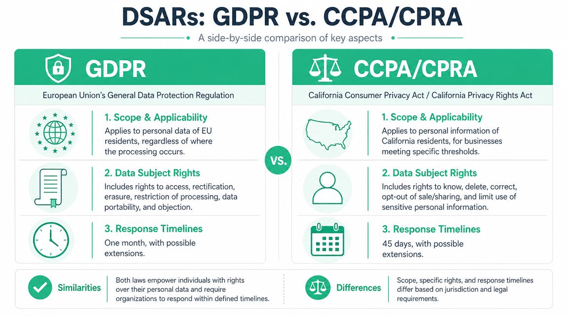 A comparison infographic detailing key differences between GDPR and CCPA/CPRA data subject access request regulations.