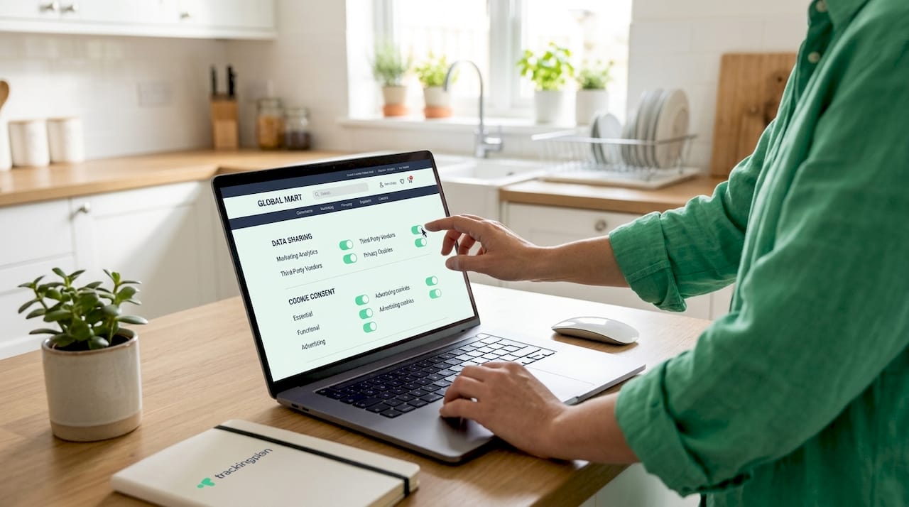 Hands adjusting ecommerce privacy settings on laptop