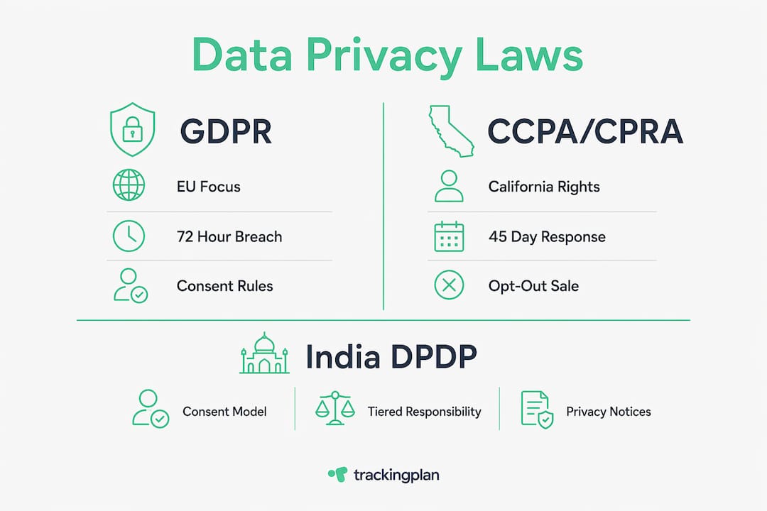 Infographic comparing GDPR, CCPA/CPRA, and India's DPDP regulations