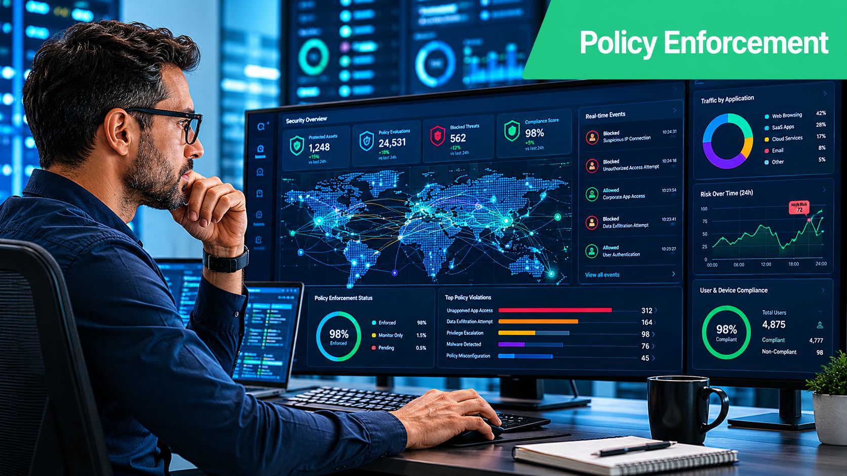 A professional security analyst monitors real-time global cyber threats and policy enforcement data on large computer screens.