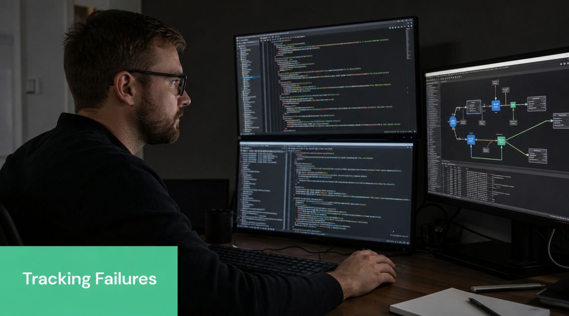 A focused developer working on code and system architecture diagrams on multiple computer monitors at night.