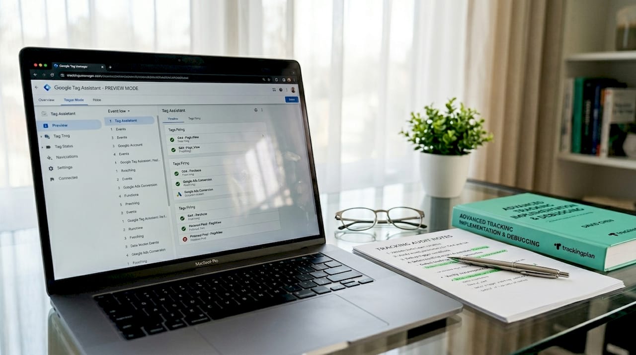 Laptop displaying tag manager preview during audit