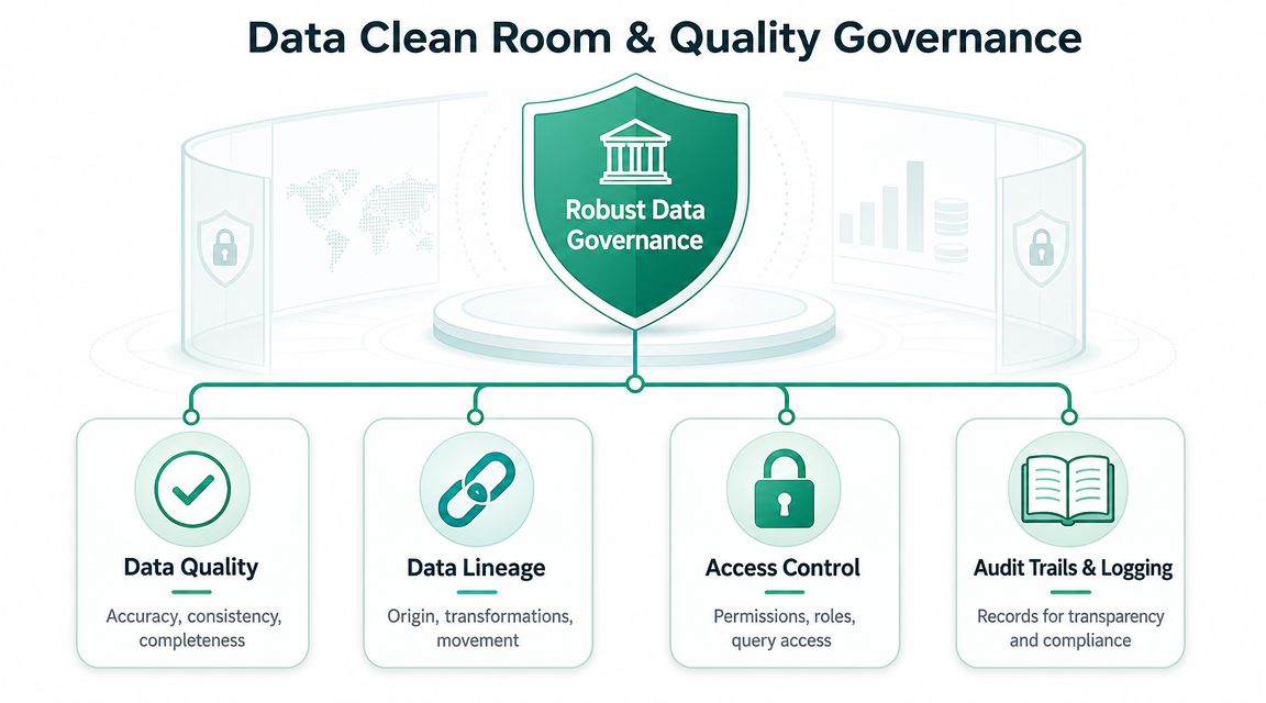 A diagram illustrating data clean room and quality governance with four core pillars of data security.