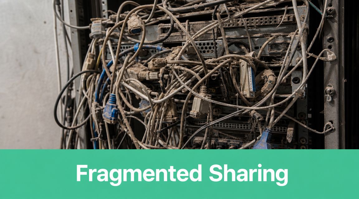 A chaotic and dusty tangle of network cables and server equipment inside a server rack enclosure.
