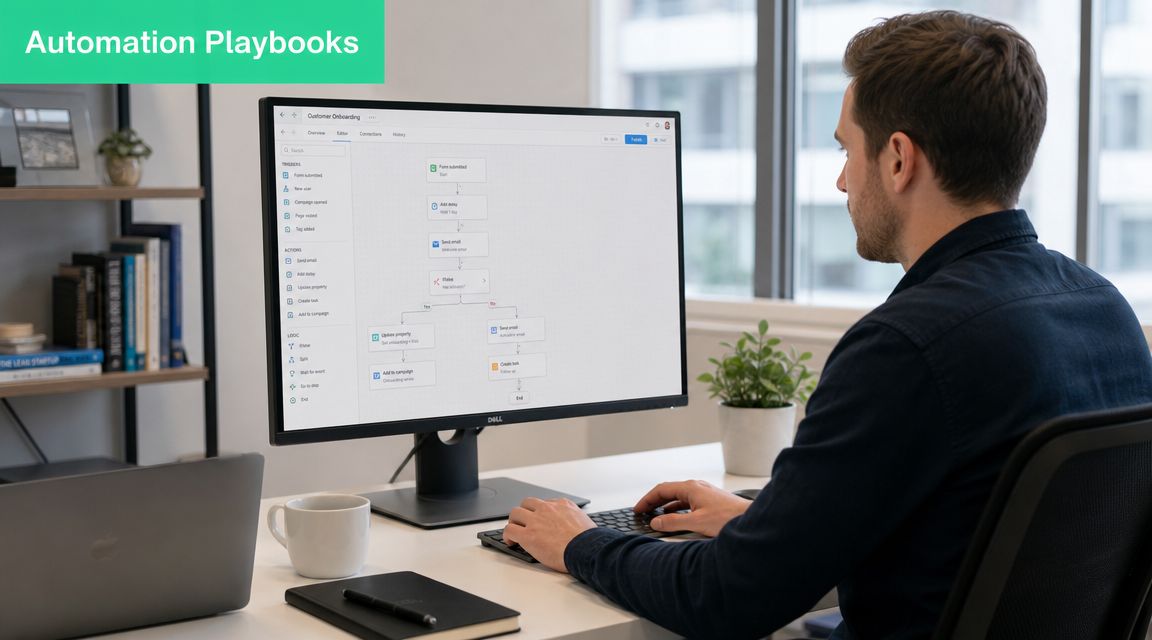 A professional working on automation playbooks on a desktop computer in a modern office workspace.