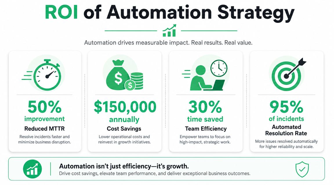 An infographic showing the ROI of automation strategy with metrics like reduced MTTR, cost savings, and resolution rate.