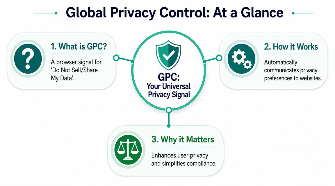 An infographic titled Global Privacy Control explaining what it is, how it works, and why it matters.