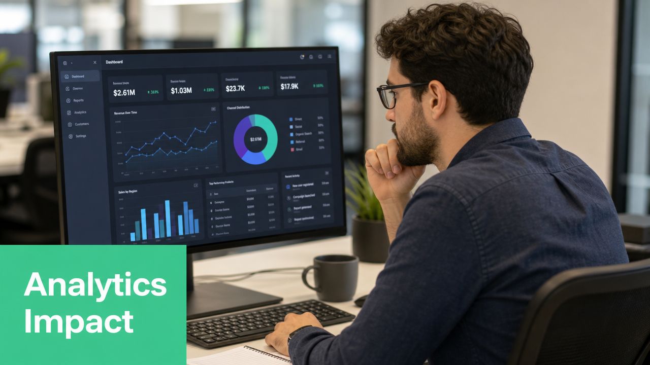 A professional man sitting at his desk working on a dashboard of business analytics on computer.