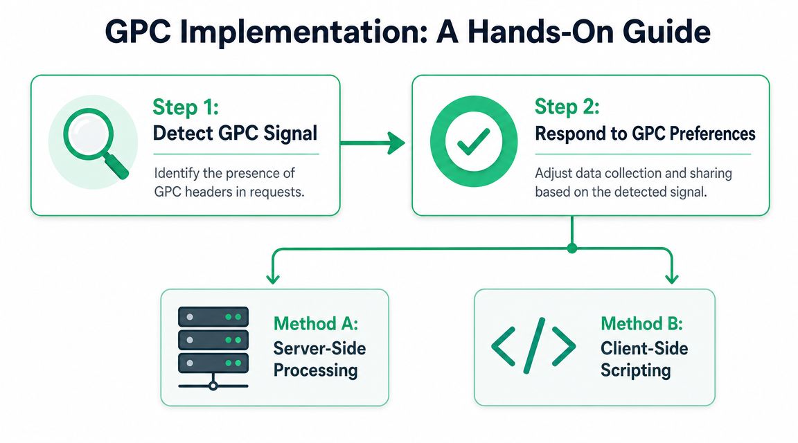 A diagram outlining a two-step process for implementing Global Privacy Control on websites and servers.