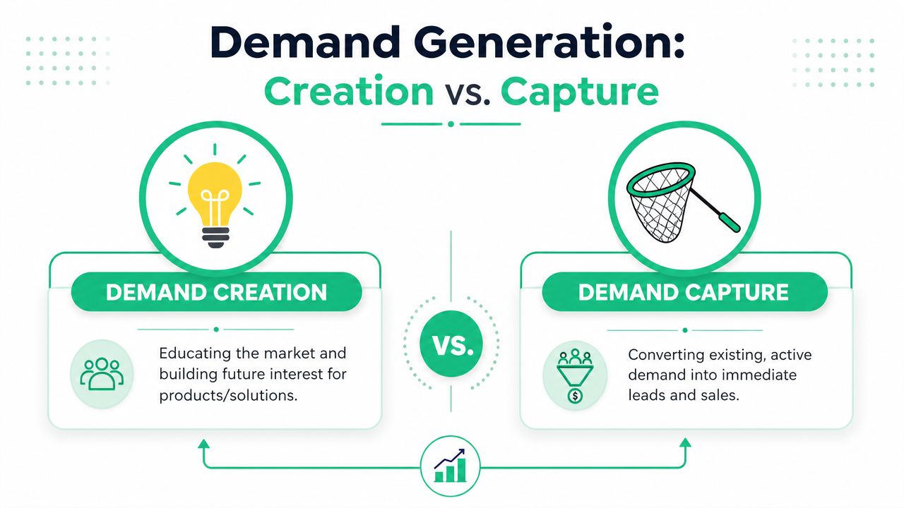 A diagram comparing demand creation as building future interest versus demand capture as converting immediate sales leads.