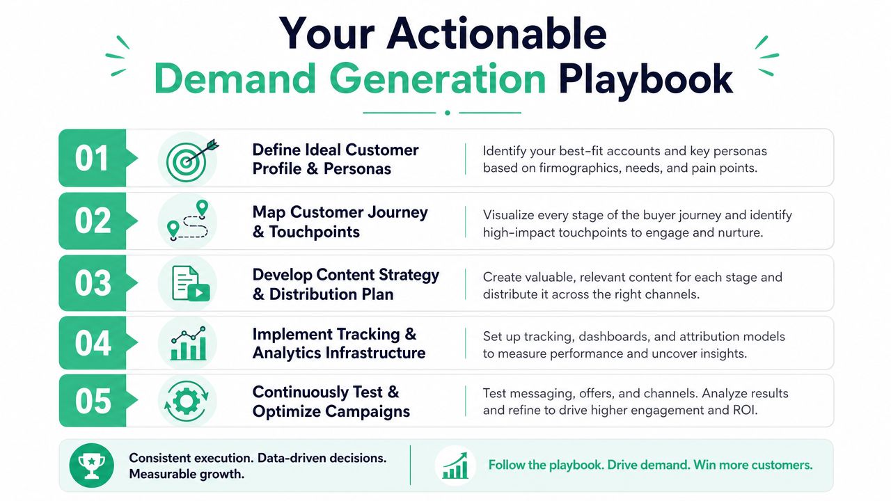 A five-step B2B demand generation playbook chart for marketing professionals to drive growth and acquire customers.