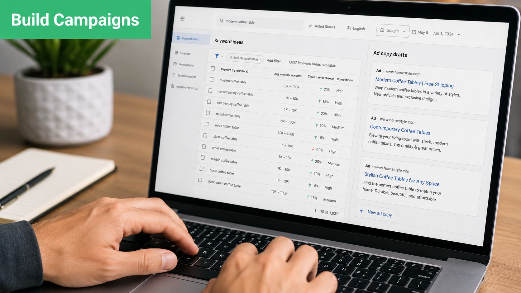 A person using a laptop to research keywords and create ad copy for digital advertising campaigns.