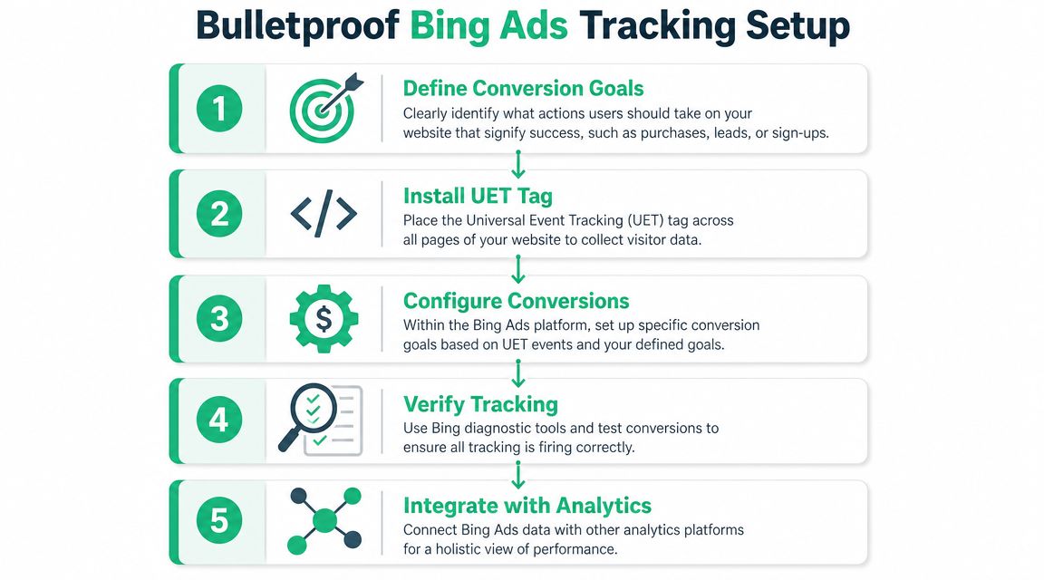 A step-by-step infographic illustrating the process of setting up effective Bing Ads tracking for digital marketing.